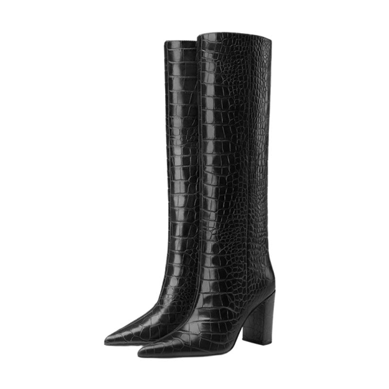 Nueva moda Otoño Invierno botas cálidas hasta la rodilla tacones altos sexis punta estrecha negro Beige vestido de fiesta señora Botas Largas