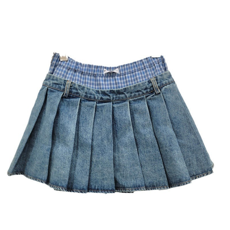 Design sense, contrasting color splicing, spicy girl denim pleated skirt, women's high waisted A-line short skirt