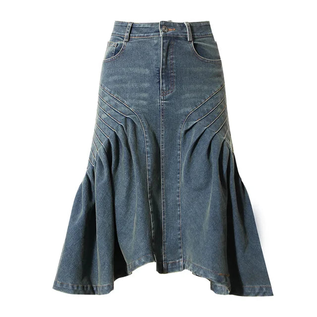 Design sense niche fishtail skirt half length skirt for women versatile high waisted denim pleated wrap hip skirt