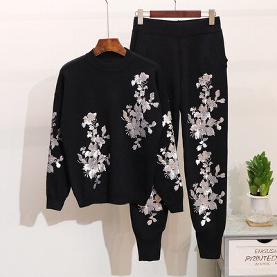 Autumn Women Sequins Flowers Sweater Set Long Sleeve Ladies Knit Pullover Tops + Trousers Winter Fashion Pants Female Tracksuit