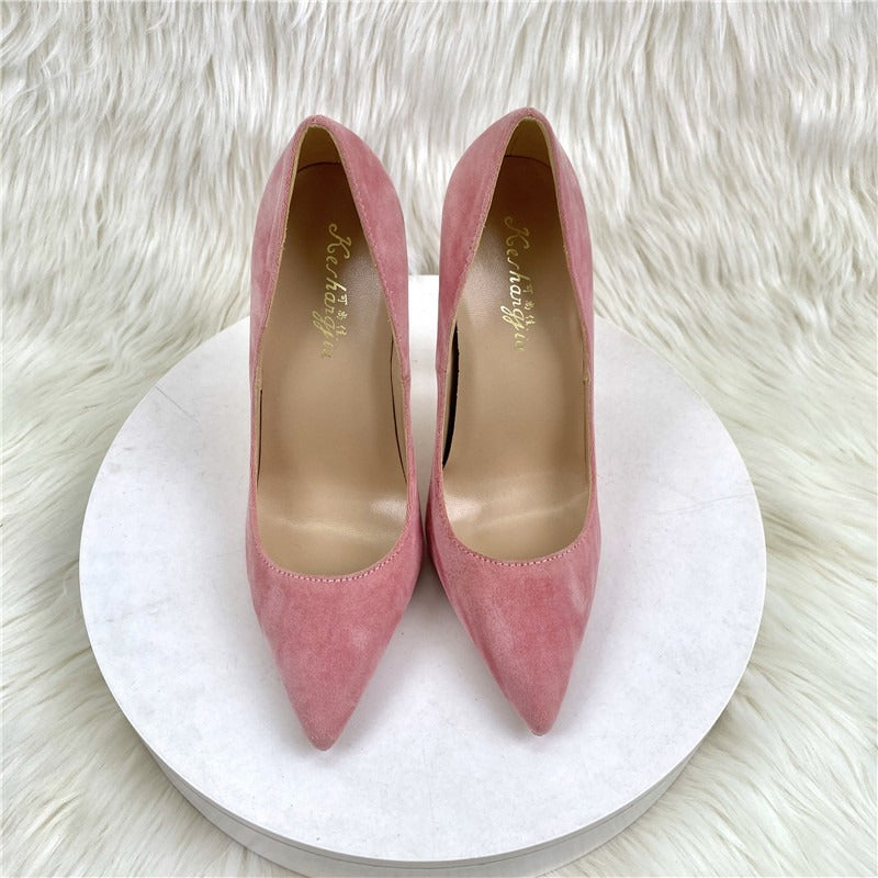 Pink suede high heels thin heeled pointed toe shallow cut women's shoes