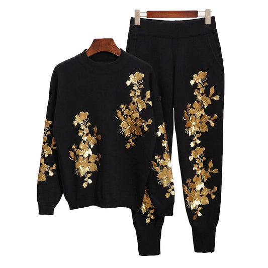 Autumn Women Sequins Flowers Sweater Set Long Sleeve Ladies Knit Pullover Tops + Trousers Winter Fashion Pants Female Tracksuit