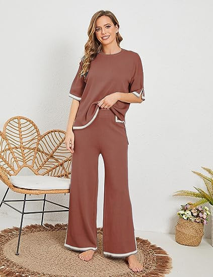 Knitted suit sweater suit short sleeve pullover wide leg pants