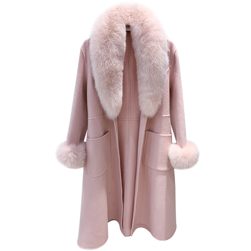 High Quality Women Winter Handmade Double Side 100% Woolen Real Fox Fur Collar Sleeve Long Warm Wool Coat