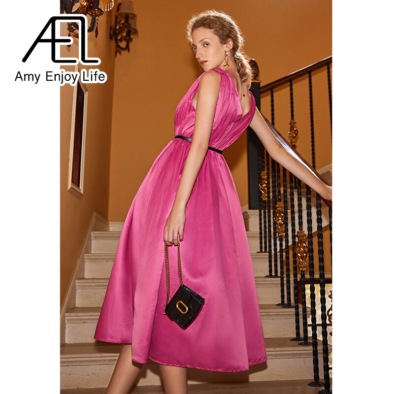 Satin Texture V-Neck Waist Large Hem Dress Sleeveless Pink Long Dress