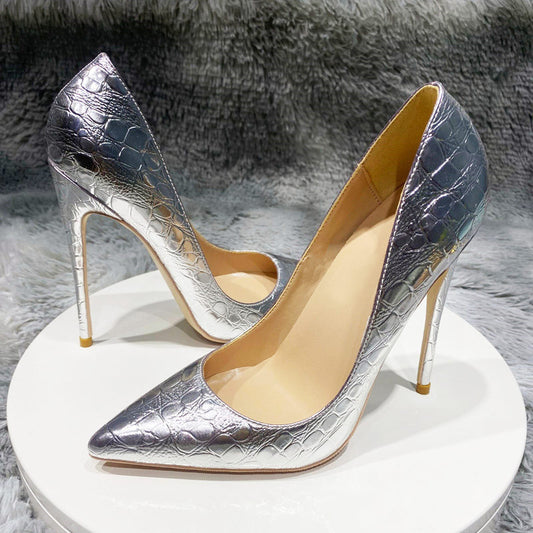 Silver Crocodile-Effect Women Sexy Pumps 8cm 10cm 12cm Pointed Toe High Heels Fashion Ladies Wedding Shoes Size 33-45