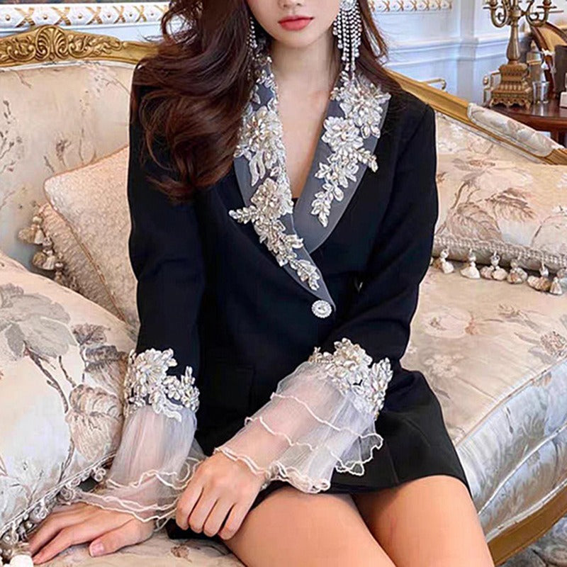 Coat women's design suit skirt diamond embroidered small suit skirt trumpet sleeves