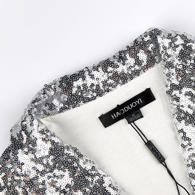 Silver Sequined Coats Turn-down Collar Long Sleeve Outwears Cardigan Jackets