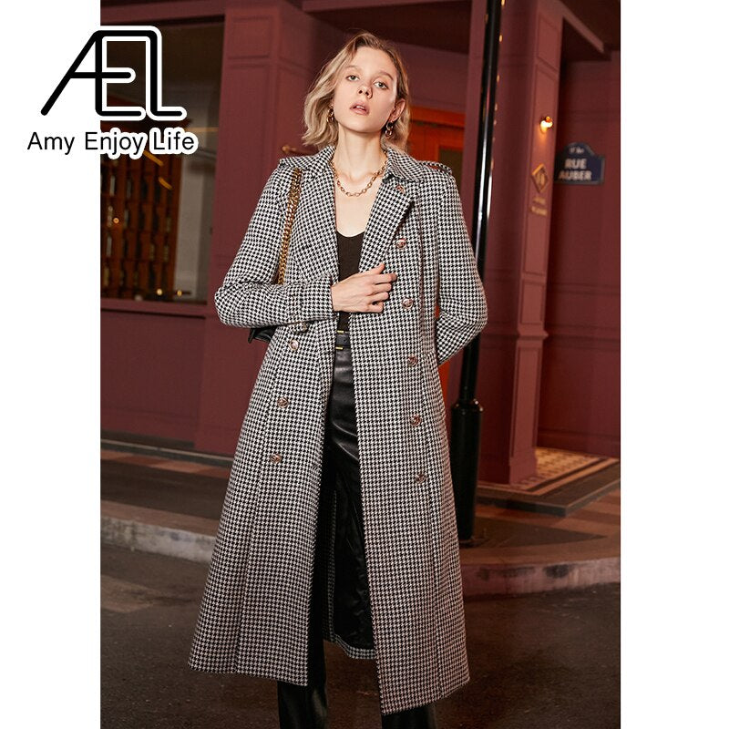 Winter Wool Long Coat Women Retro Houndstooth A-Line Trench Coats