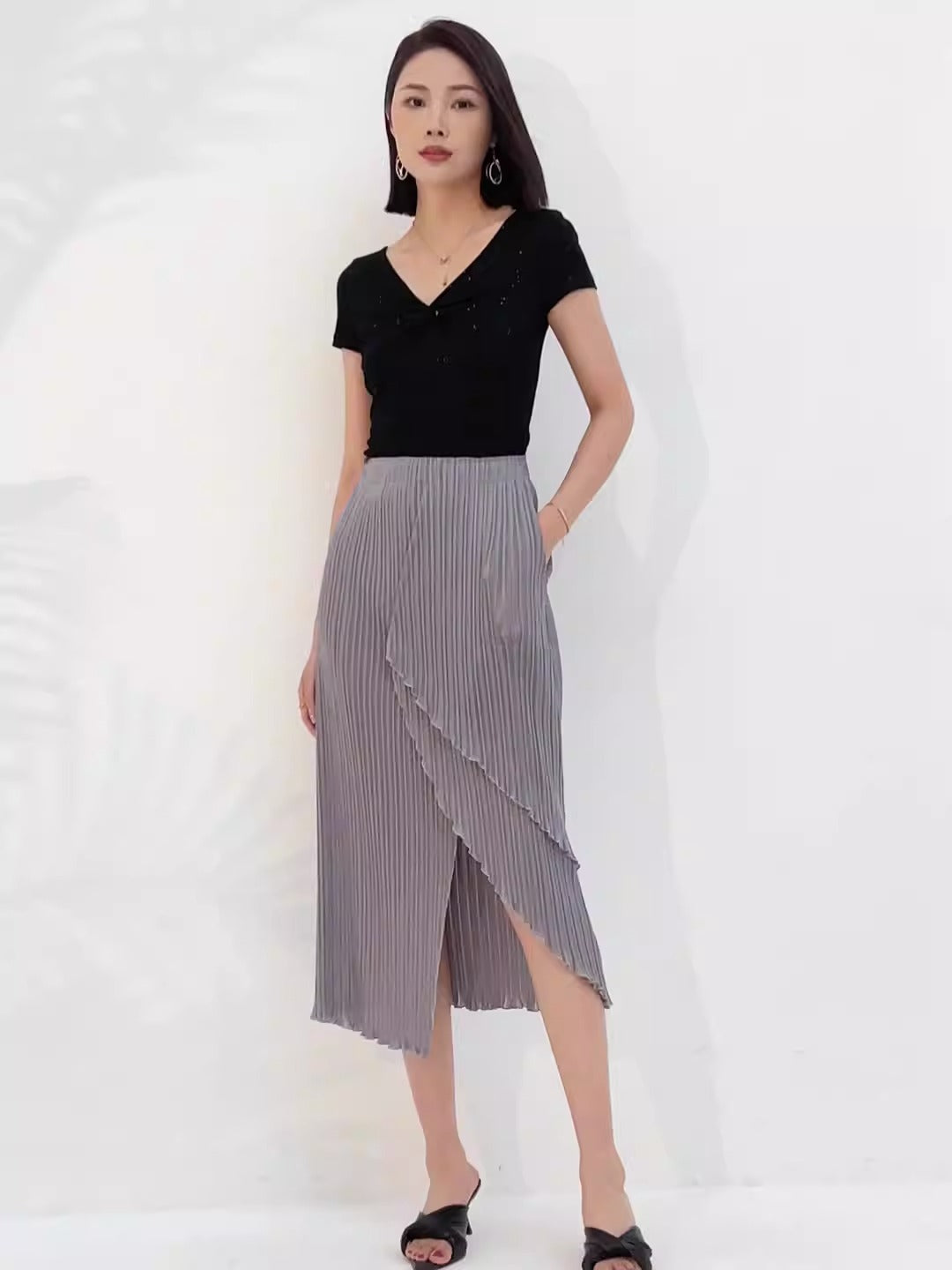 Spliced Pleated Skirt For Women High Elastic Waist Solid Color Solid Hip Wrap Split Skirts