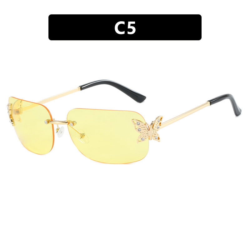 Frameless rectangular butterfly retro women's internet famous street photography diamond studded sunglasses