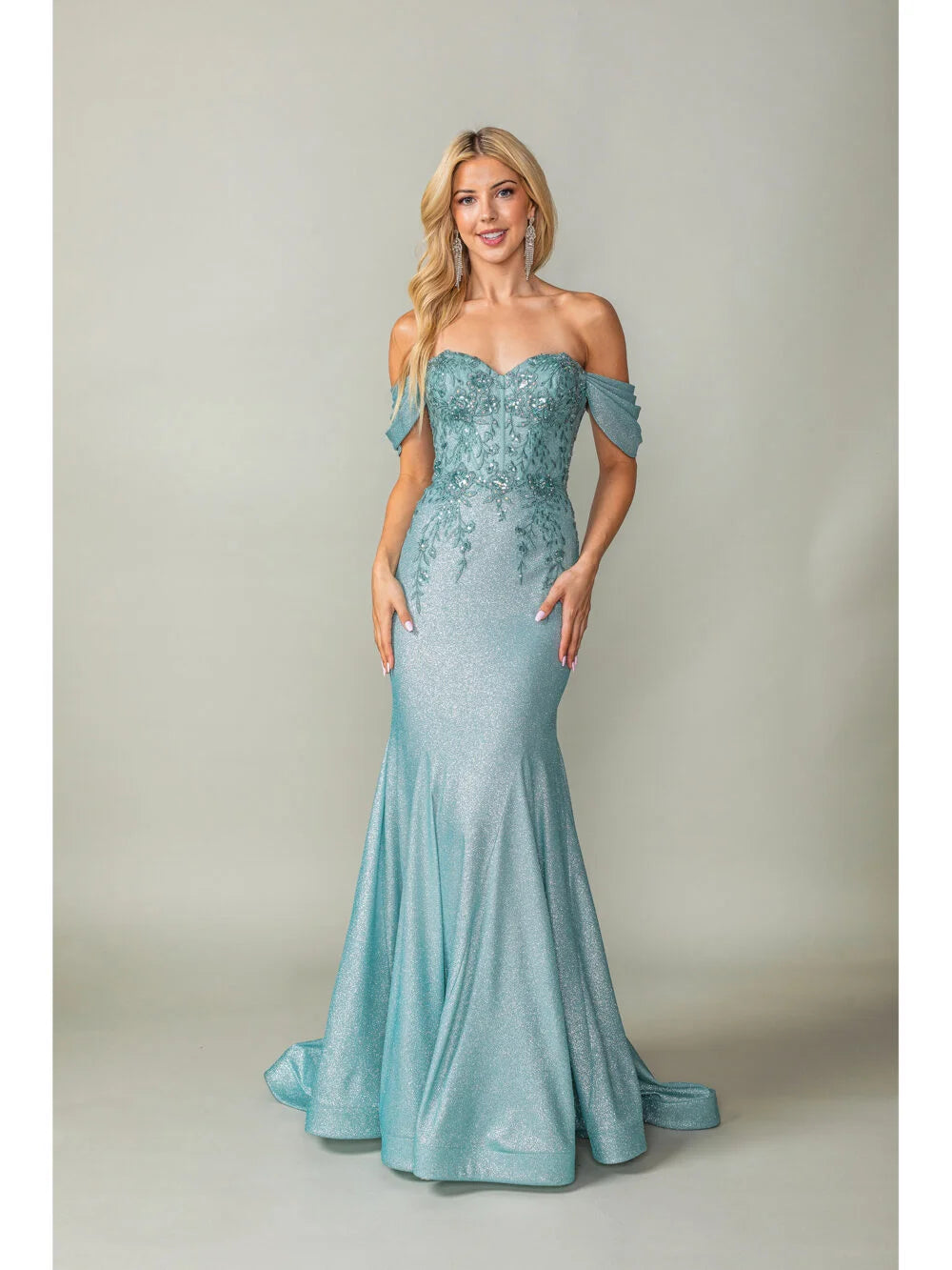 Glitter Gown with Off-Shoulder Sleeves, Lace-Up Corset Back, and Fishtail Train Prom Dress