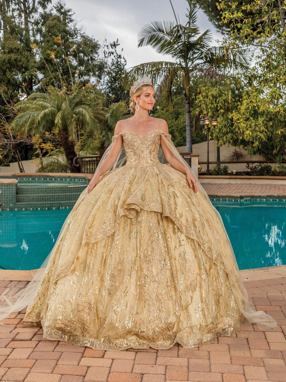 Glittering Sequined Overlay Ball Gown with Off-the-Shoulder Sheer Sleeves and Cathedral Train Quinceanera Dress