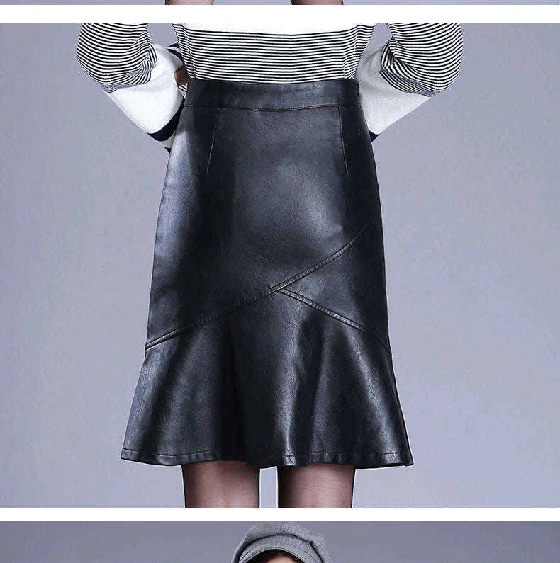 Women Black PU Leather Trumpet Skirt Autumn Winter Office Lady Elegant Chic  High Waist Knee Length  Bodycon Skirts