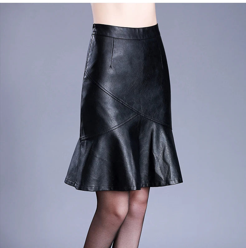Women Black PU Leather Trumpet Skirt Autumn Winter Office Lady Elegant Chic  High Waist Knee Length  Bodycon Skirts