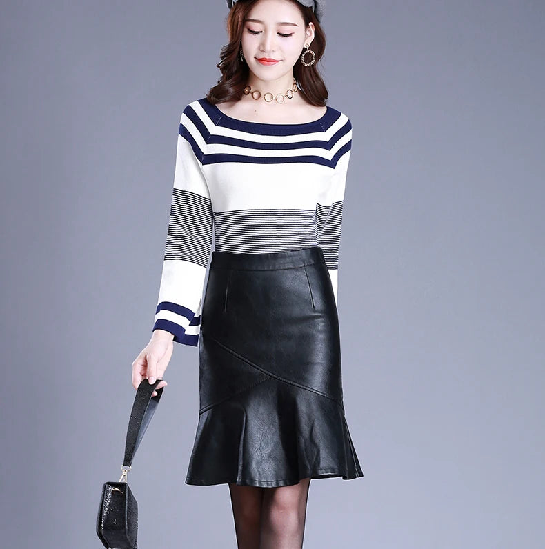 Women Black PU Leather Trumpet Skirt Autumn Winter Office Lady Elegant Chic  High Waist Knee Length  Bodycon Skirts