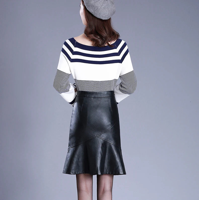 Women Black PU Leather Trumpet Skirt Autumn Winter Office Lady Elegant Chic  High Waist Knee Length  Bodycon Skirts