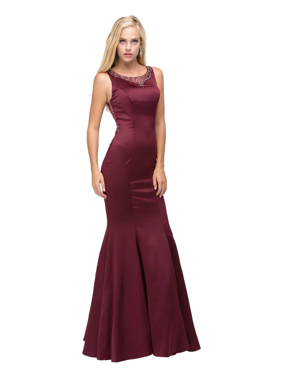 Jewel Neckline Fitted Gown with Beaded Embellishments and Flared Hem Prom Dress