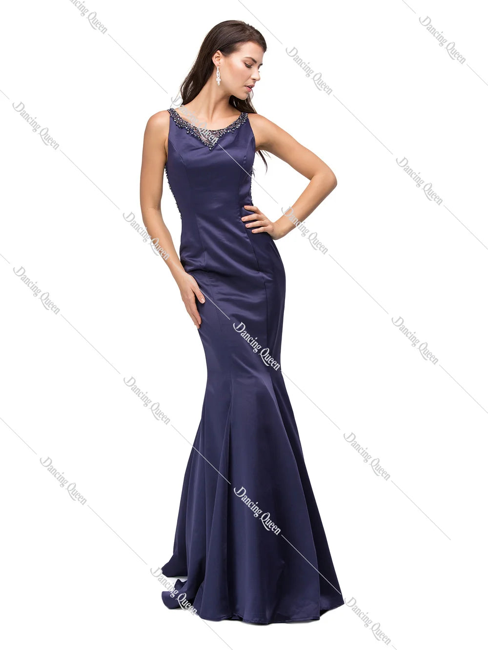 Jewel Neckline Fitted Gown with Beaded Embellishments and Flared Hem Prom Dress