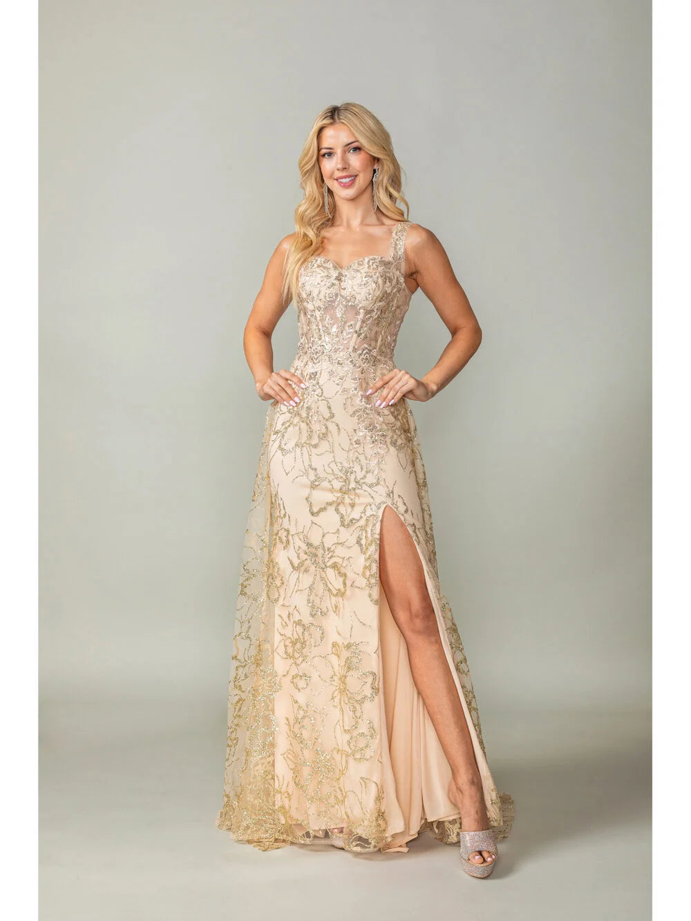 Lace Embroidered Gown with Sheer Overlay and High Slit Prom Dress