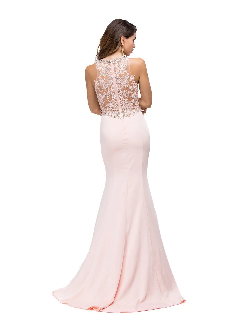 Lace Embellished Bodice Sleeveless Gown with Illusion Neckline and Flared Hem Prom Dress