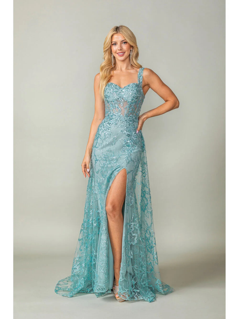 Lace Embroidered Gown with Sheer Overlay and High Slit Prom Dress