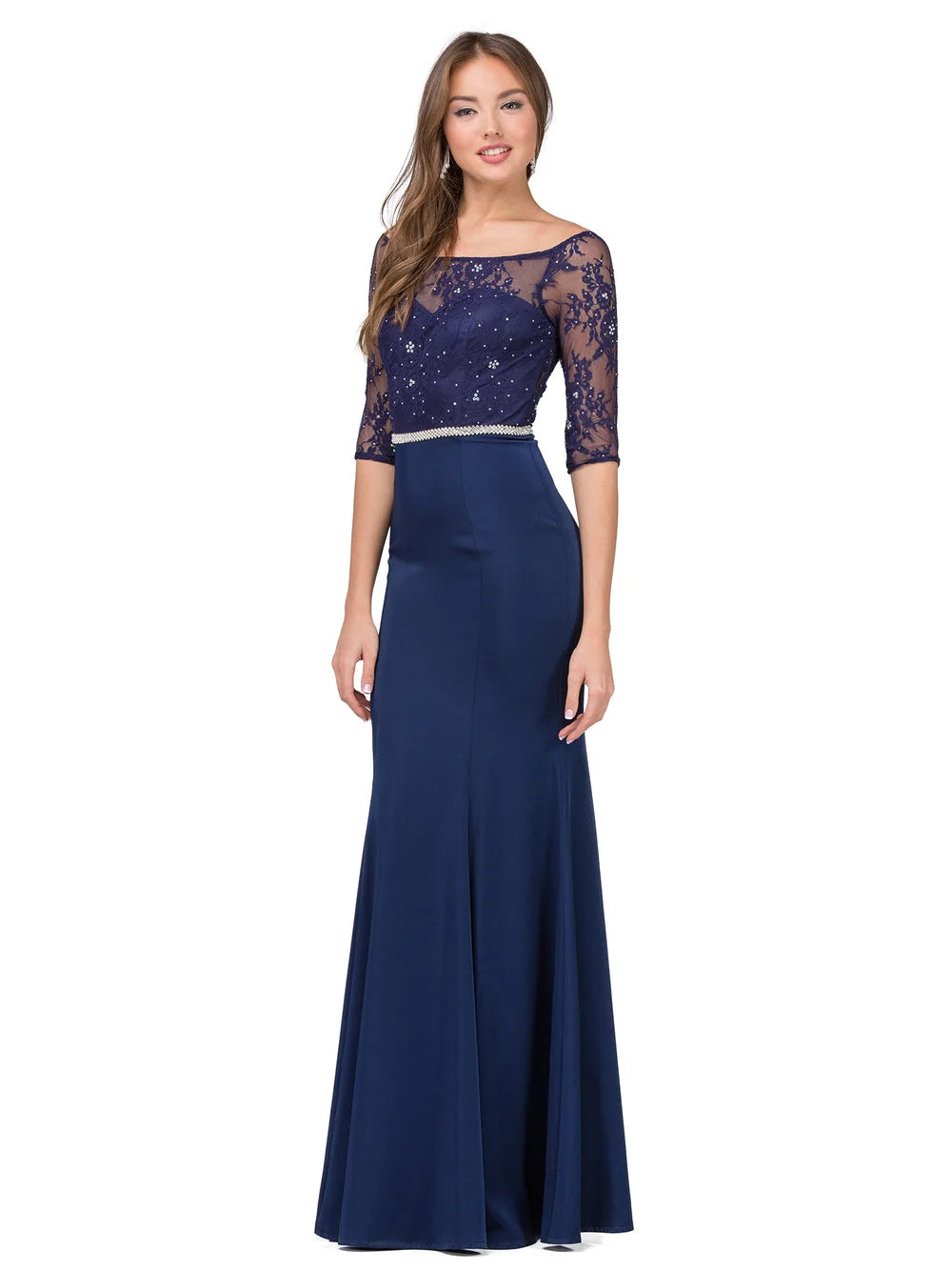 Lace Illusion Neckline Gown with Three-Quarter Sleeves and Beaded Waist Detail Prom Dress
