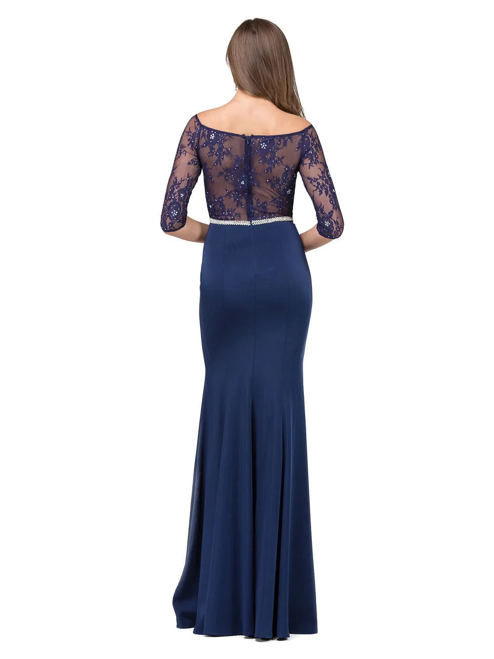 Lace Illusion Neckline Gown with Three-Quarter Sleeves and Beaded Waist Detail Prom Dress