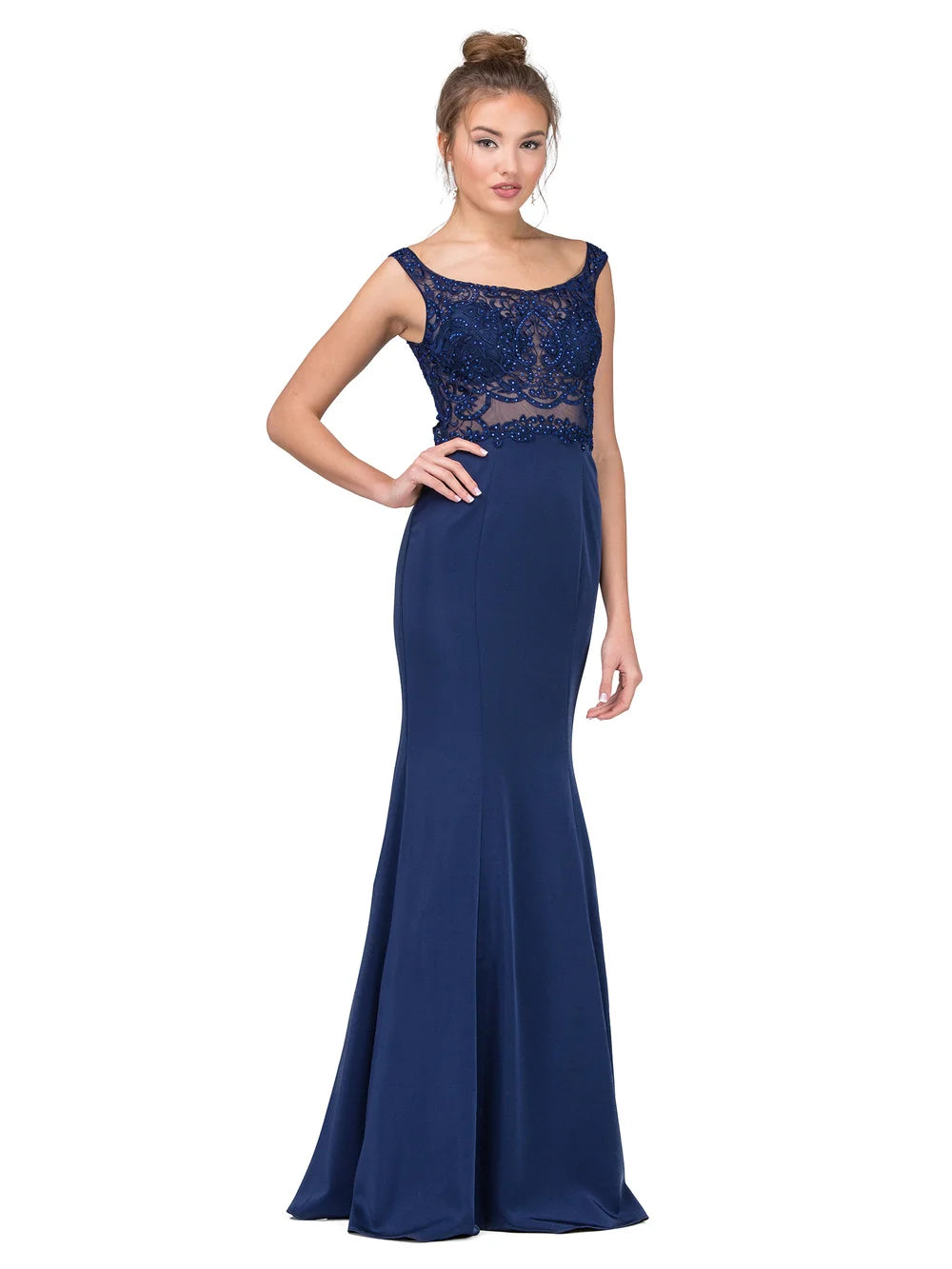 Lace Overlay Bodice Jersey Gown with Sheer Waist Detail and Mermaid Skirt Prom Dress