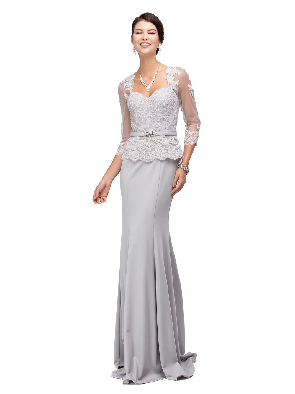Lace Overlay Sweetheart Bodice Gown with Sheer Three-Quarter Sleeves and Embellished Waistband Prom Dress