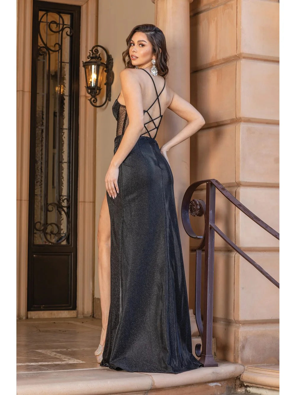 Metallic Sheen Gown with Strappy Back and High Side Slit Prom Dress