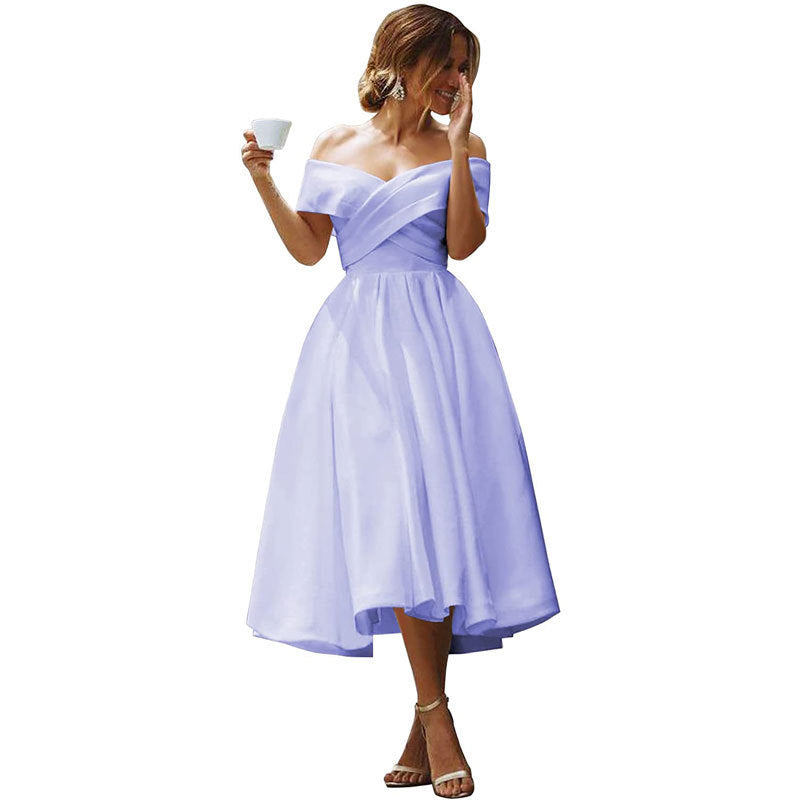 Off-neck Elegant Simple Solid Color Dress