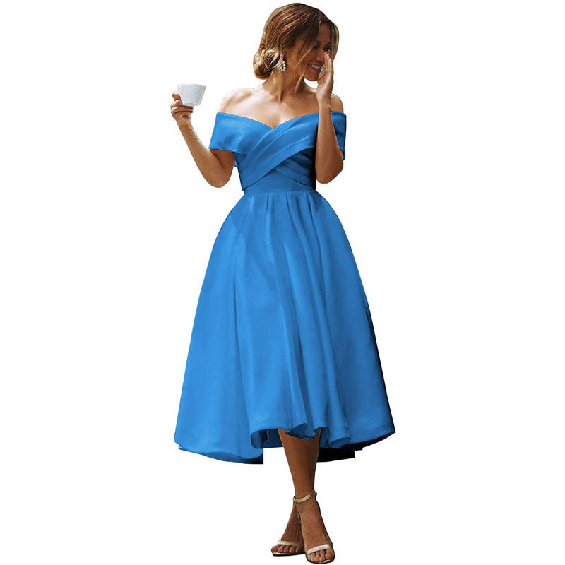 Off-neck Elegant Simple Solid Color Dress