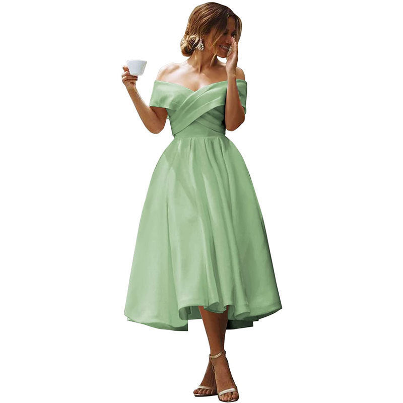 Off-neck Elegant Simple Solid Color Dress