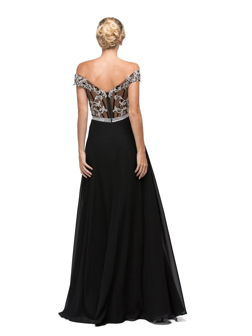 Off-Shoulder Embroidered Bodice A-Line Gown with Waistband and Floor-Length Skirt Prom Dress