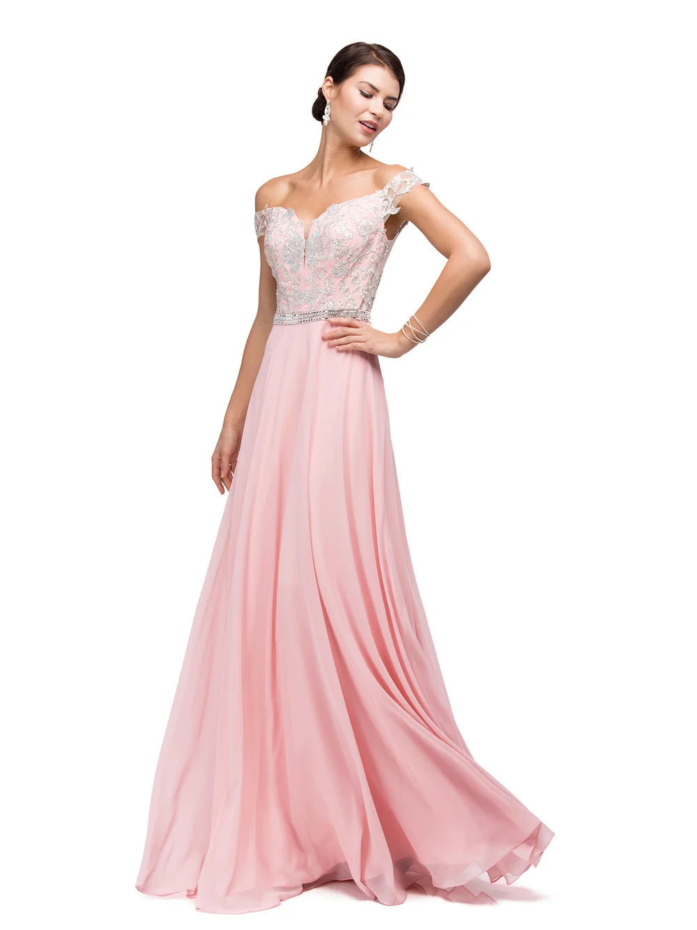 Off-Shoulder Embroidered Bodice A-Line Gown with Waistband and Floor-Length Skirt Prom Dress