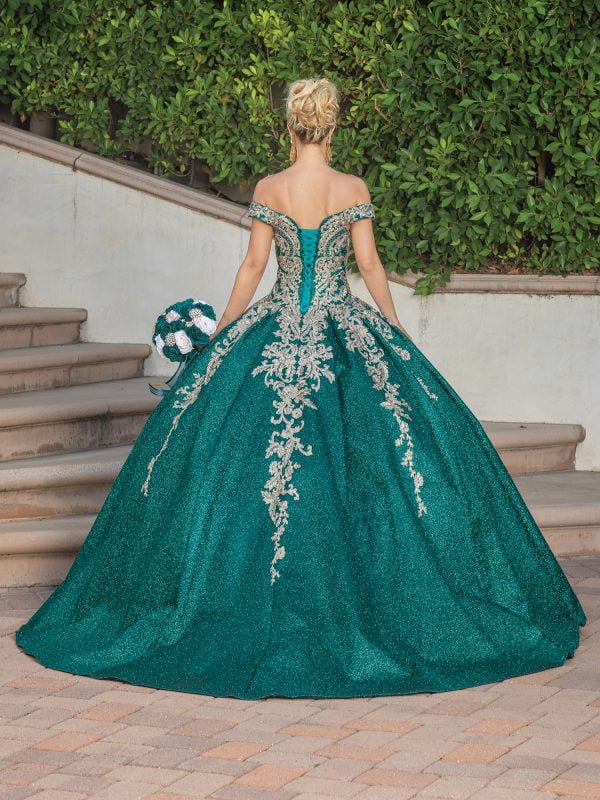 Off-the-Shoulder Glitter Ball Gown with Embellished Lace Appliqués and Sweeping Train Quinceanera Dress