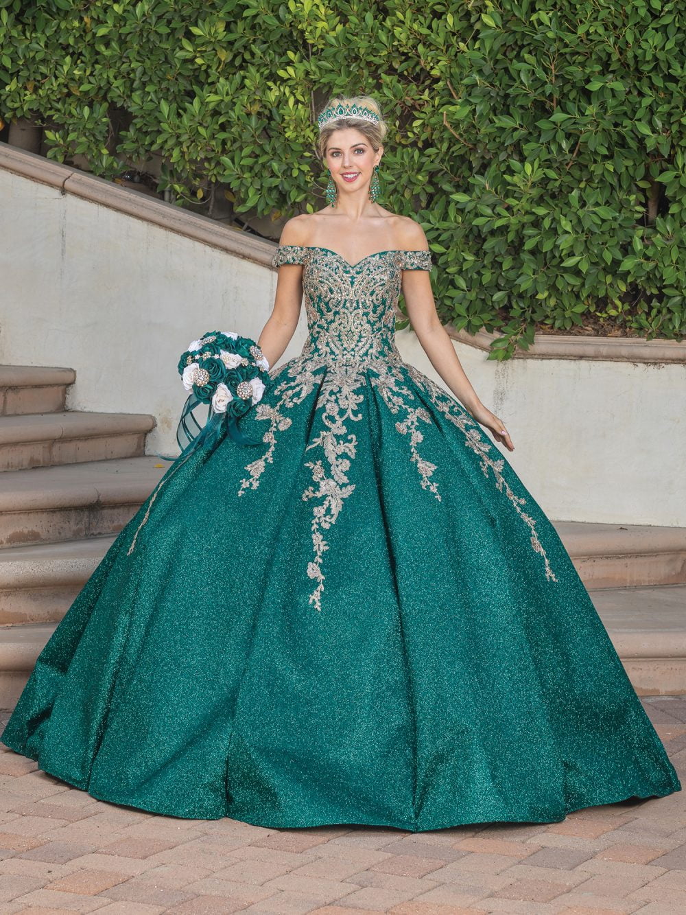 Off-the-Shoulder Glitter Ball Gown with Embellished Lace Appliqués and Sweeping Train Quinceanera Dress