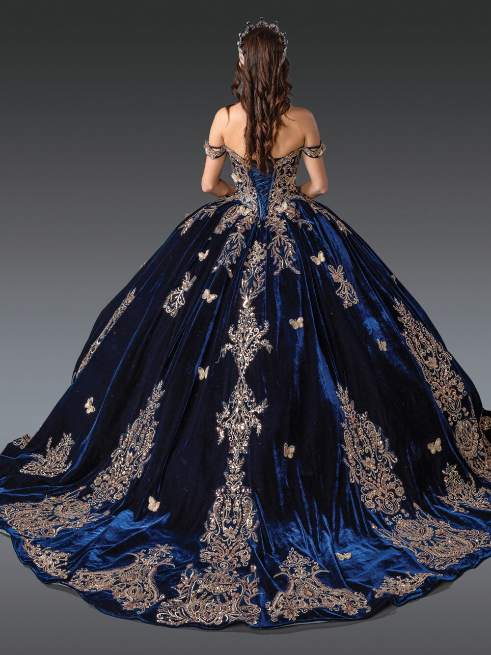 Off-the-Shoulder Velvet Quinceanera Dress with Embroidered Appliques, Butterfly Accents, and Full Ball Gown Skirt
