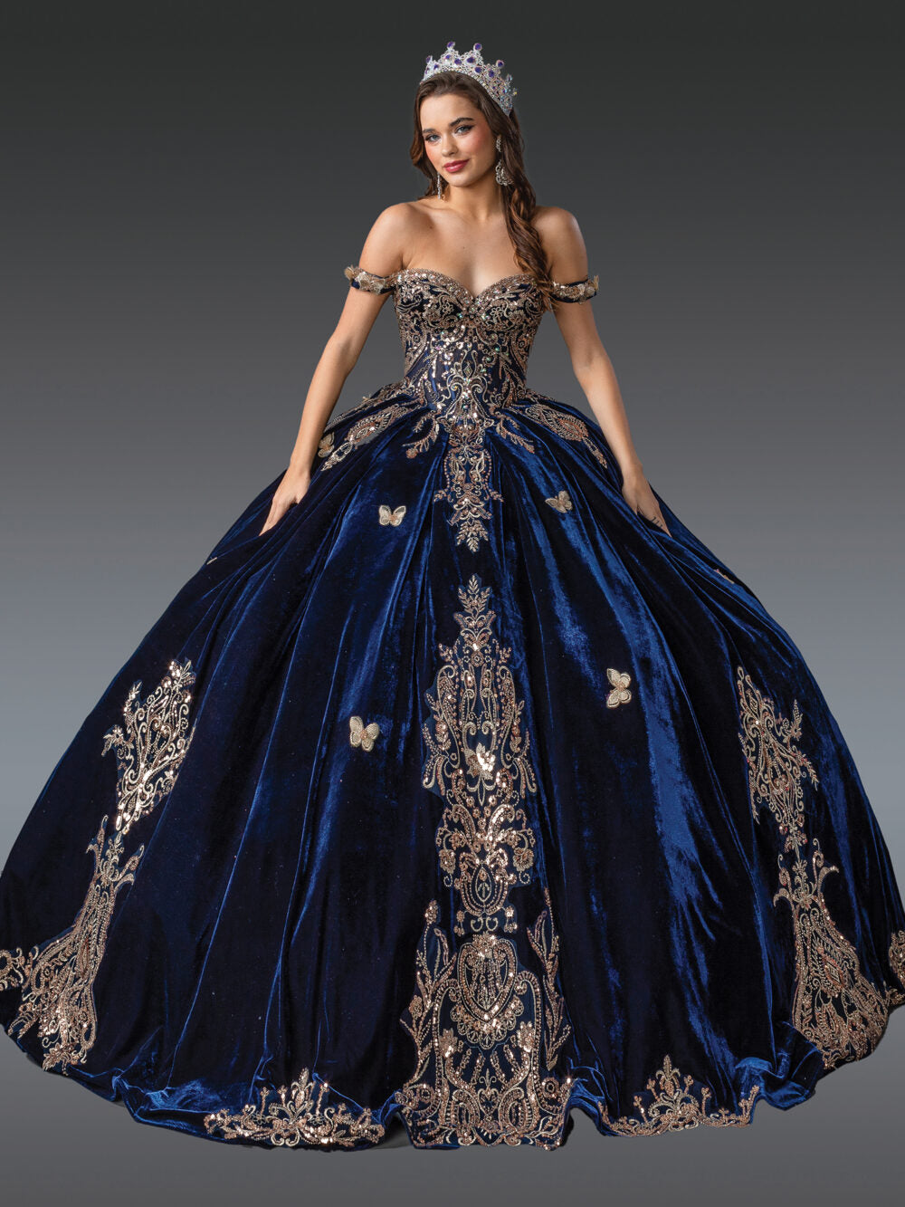 Off-the-Shoulder Velvet Quinceanera Dress with Embroidered Appliques, Butterfly Accents, and Full Ball Gown Skirt
