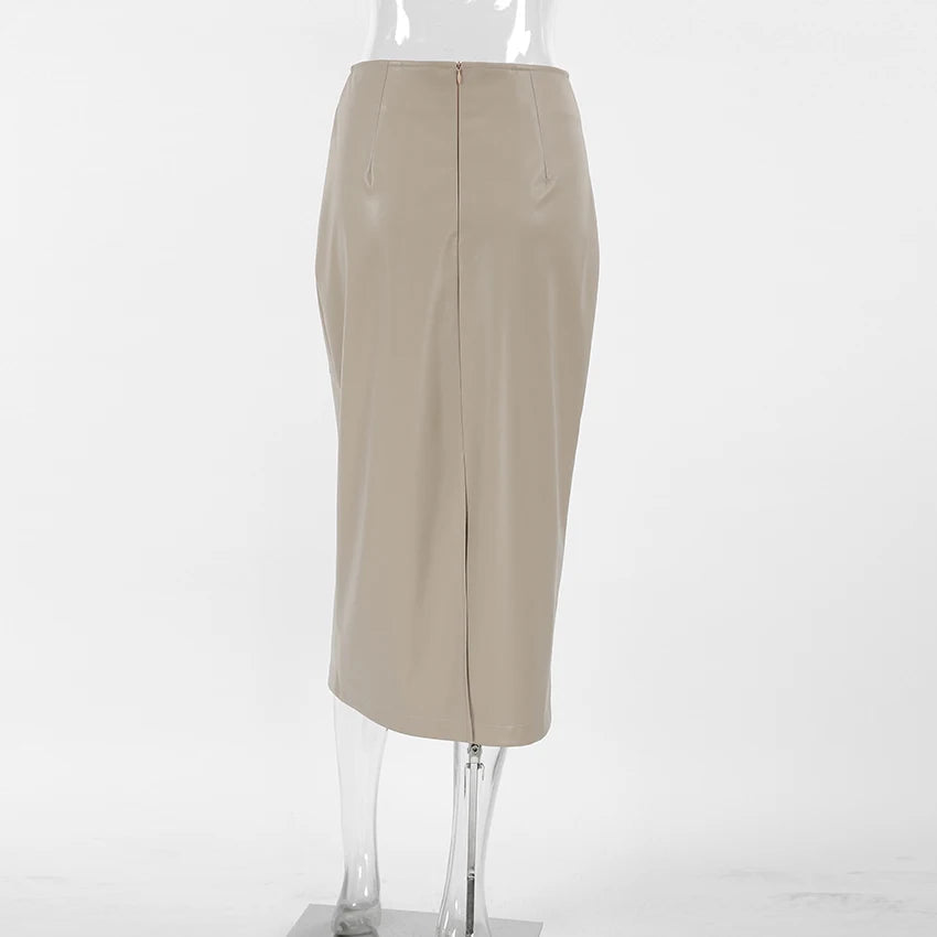 Mnealways18 Elegant Pu Khaki Skirts Womens High Waist Straight Faux Leather Long Skirts Autumn Office Ladies Zipper Skirts 2024