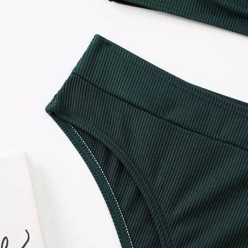 2023 New Sexy V-Neck Ribbed Bikini High Waist Swimsuit Women Solid Push Up Swimwear Female Bathing Suit Bikini Set Beachwear