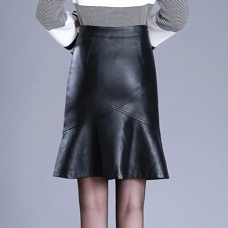 Women Black PU Leather Trumpet Skirt Autumn Winter Office Lady Elegant Chic  High Waist Knee Length  Bodycon Skirts