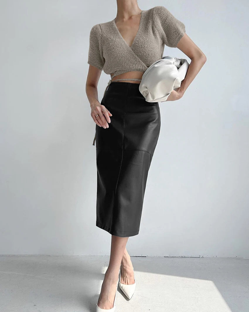 Mnealways18 Elegant Pu Khaki Skirts Womens High Waist Straight Faux Leather Long Skirts Autumn Office Ladies Zipper Skirts 2024