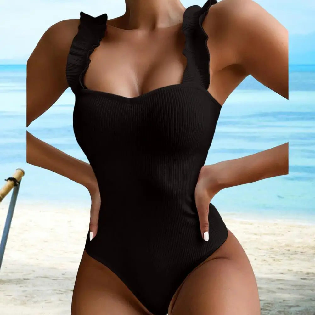 Solid Black Ruffled One-piece Swimsuit Women Sexy Lace Up Monokini Swimwear 2023 New Girl Beach Bathing Suits