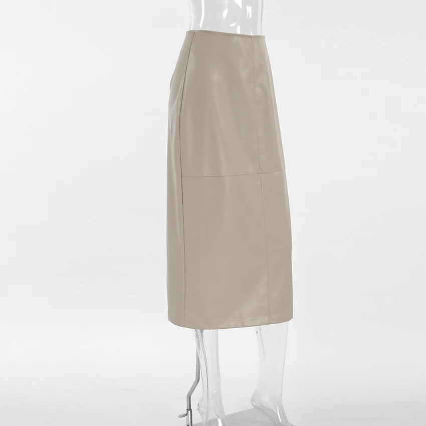 Mnealways18 Elegant Pu Khaki Skirts Womens High Waist Straight Faux Leather Long Skirts Autumn Office Ladies Zipper Skirts 2024