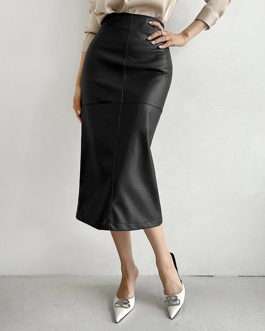 Mnealways18 Elegant Pu Khaki Skirts Womens High Waist Straight Faux Leather Long Skirts Autumn Office Ladies Zipper Skirts 2024