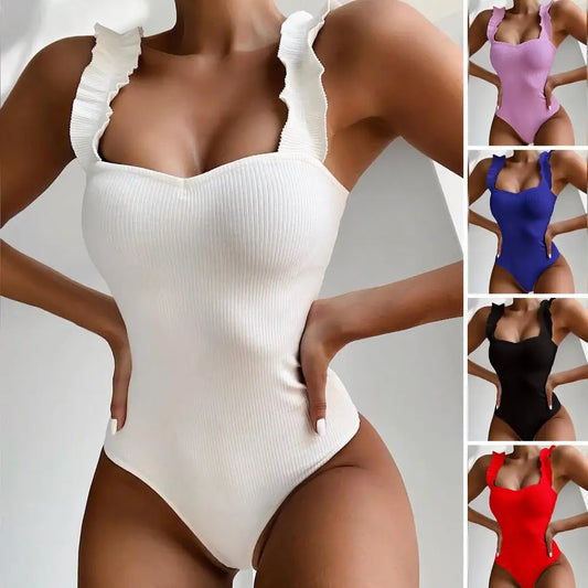 Solid Black Ruffled One-piece Swimsuit Women Sexy Lace Up Monokini Swimwear 2023 New Girl Beach Bathing Suits
