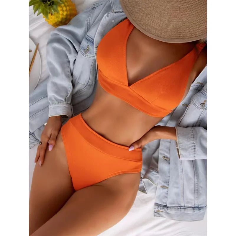 2023 New Sexy V-Neck Ribbed Bikini High Waist Swimsuit Women Solid Push Up Swimwear Female Bathing Suit Bikini Set Beachwear