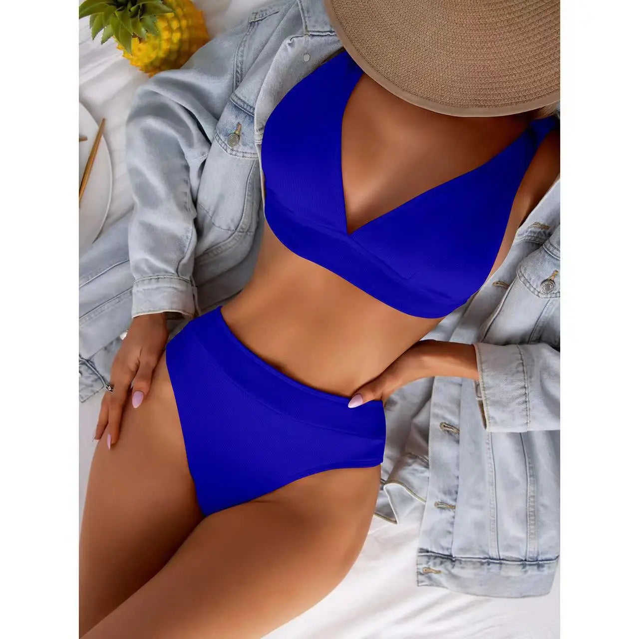 2023 New Sexy V-Neck Ribbed Bikini High Waist Swimsuit Women Solid Push Up Swimwear Female Bathing Suit Bikini Set Beachwear